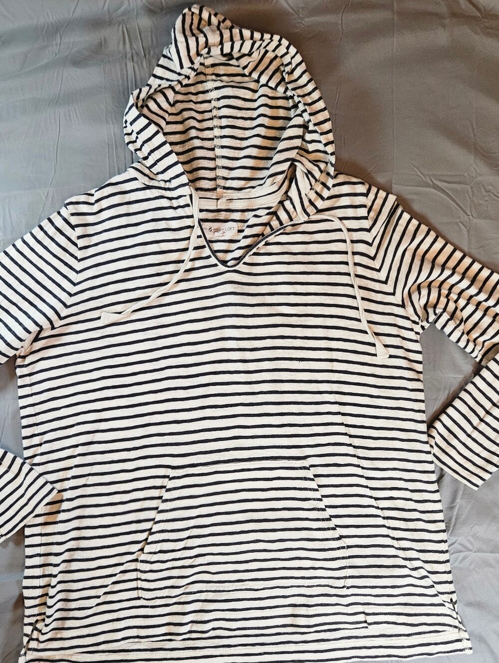Lou & Grey For Loft Womens White & Black Striped Long Sleeve Hooded Shirt Sz XL